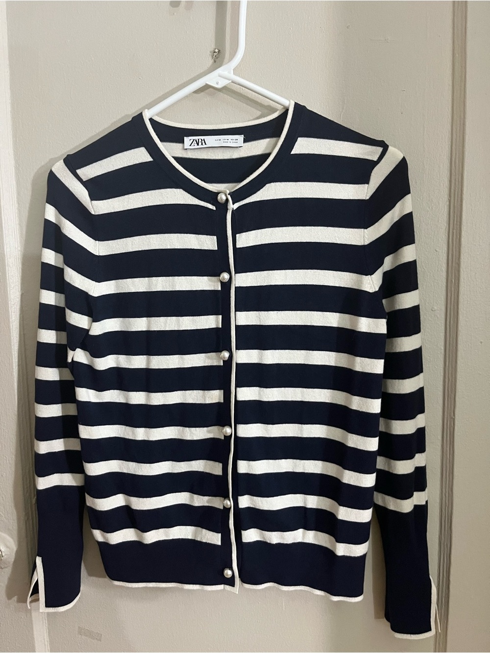 Zara Navy and White Striped Pearl-Button Cardigan Jacket